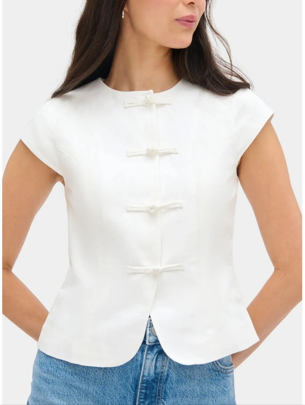 Nwot Aligne Connie Round Neck Cap-Sleeve Mandarin Button Top Linen Size 10